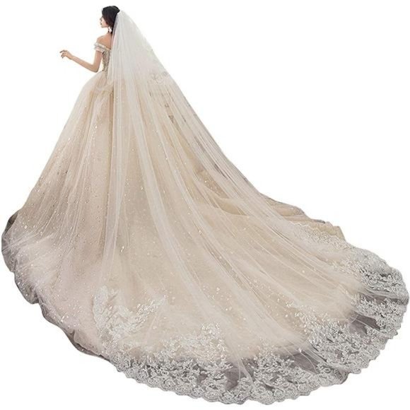 Wedding Veils Cathedral Length 2 Tier Long Sequins Lace Edge Blusher with Comb